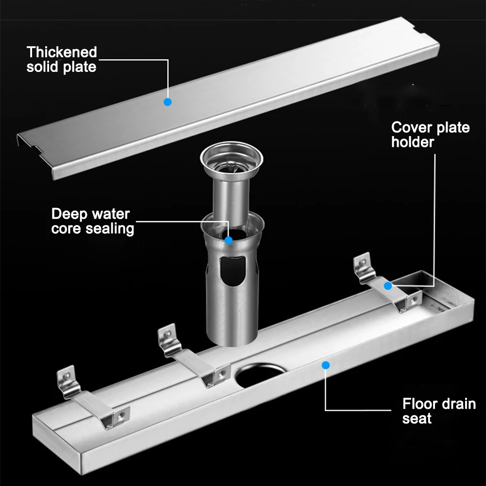 20 100cm invisible side outlet floor drain silver stainless steel bathroom shower drainage rectanle waste drain strainer free global shipping