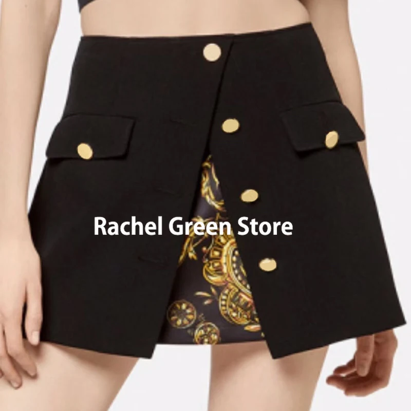 

2022 spring fashion luxury design GOLD buttons decoration sexy branded mini black skirt Vintage Print woman skirts womens ~Ve25