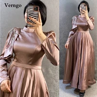 verngo modest dusty pink formal evening dresses long sleeves high neck a line prom dress ankle length arabric women party gown