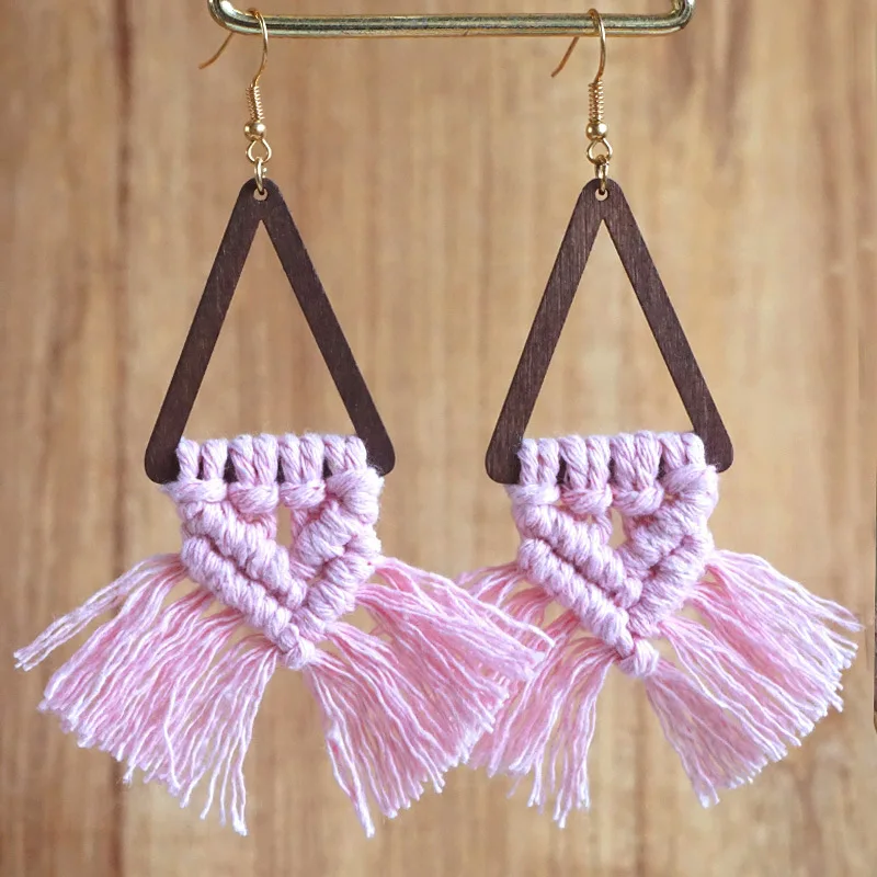 

BOHO Geometric Wood Woven Long Tassel Fan Fringe Dangle Drop Earrings for Women