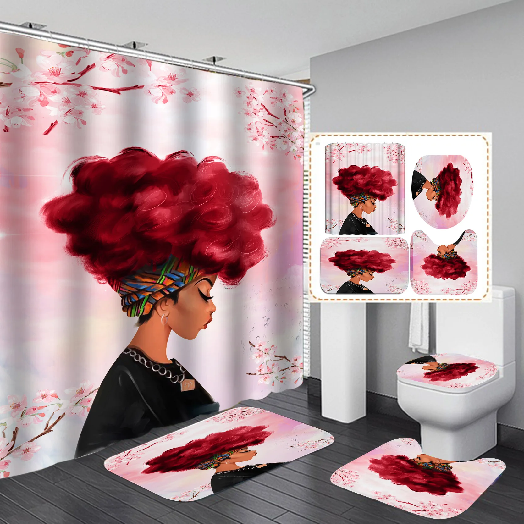African American Women Shower Curtain Set for Bathroom Bathtub Screen with Carpet Rug Washroom Hotel Toliet Partition Hooks | Дом и сад