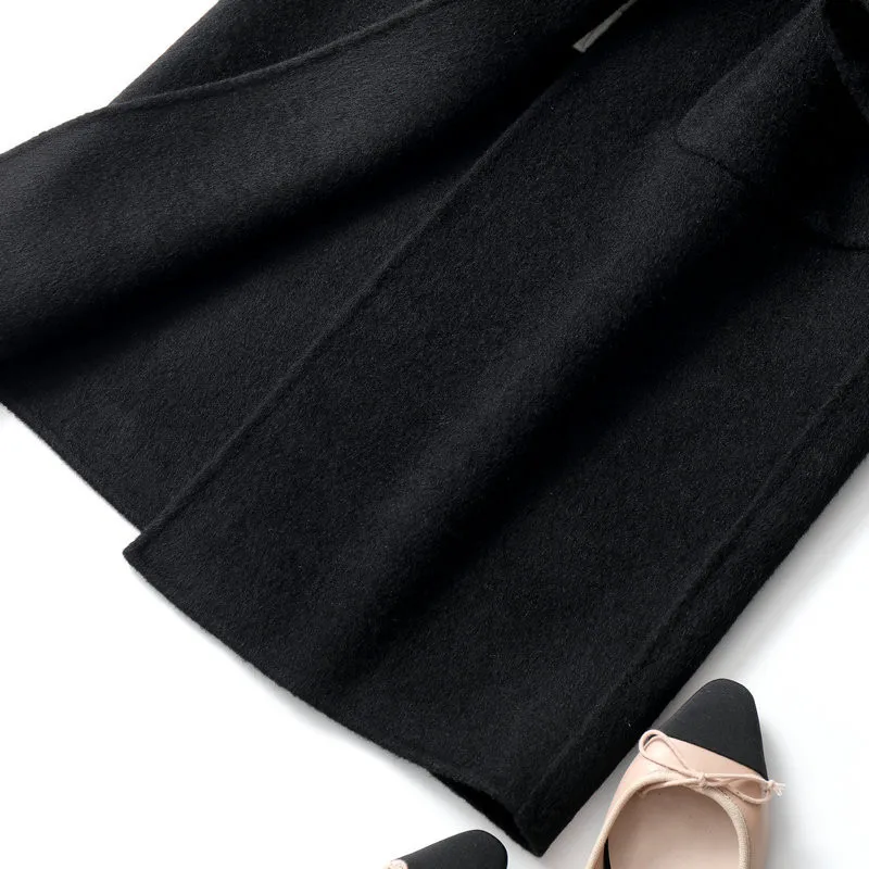 

2020 New Korean Version Of Black Cashmere Handmade Double Sided Woolen Cloth Loose Temperament Long Coat Woolen Coat Female C055