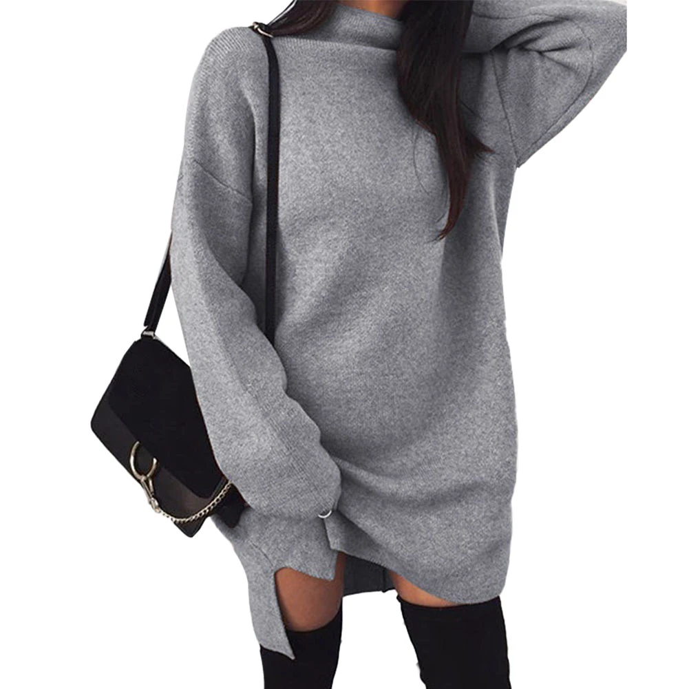 Winter Women Solid Color Loose Turtleneck Long Sleeve Warm Knitted Sweater Dress high neck loose knit split dress sweater | Женская