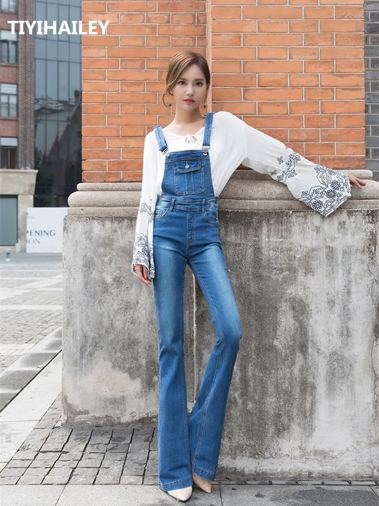 TIYIHAILEY Free Shipping Fashion Long Bib Pants Suspenders Bell-bottom Jeans For Tall Women Boot Cut Plus Size 24-32 Trousers