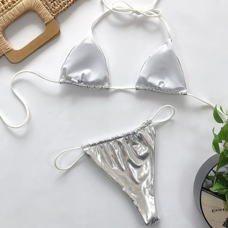 Новинка сексуальное бикини на шнуровке купальник для женщин серебряный микро