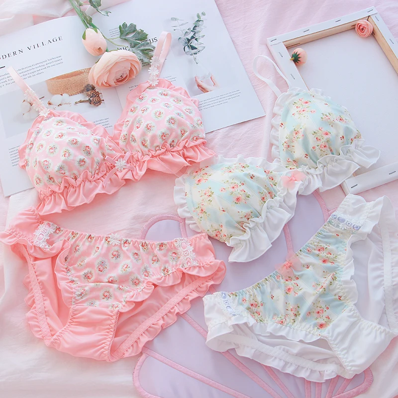 

Soft Sister Floral Print Lace Ruffle Trim Underwear Set Japanese Fresh Bra & Panties Set Wirefree Intimates Set Kawaii Lolita