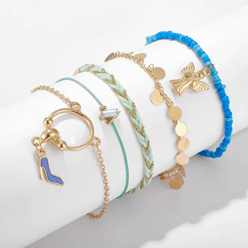 docona Boho Blue Beads Bird High Heels Charm Five Layer Anklet Set for Women Weaving Anklets 5pcs/set Tobilleras 8980 | Украшения и