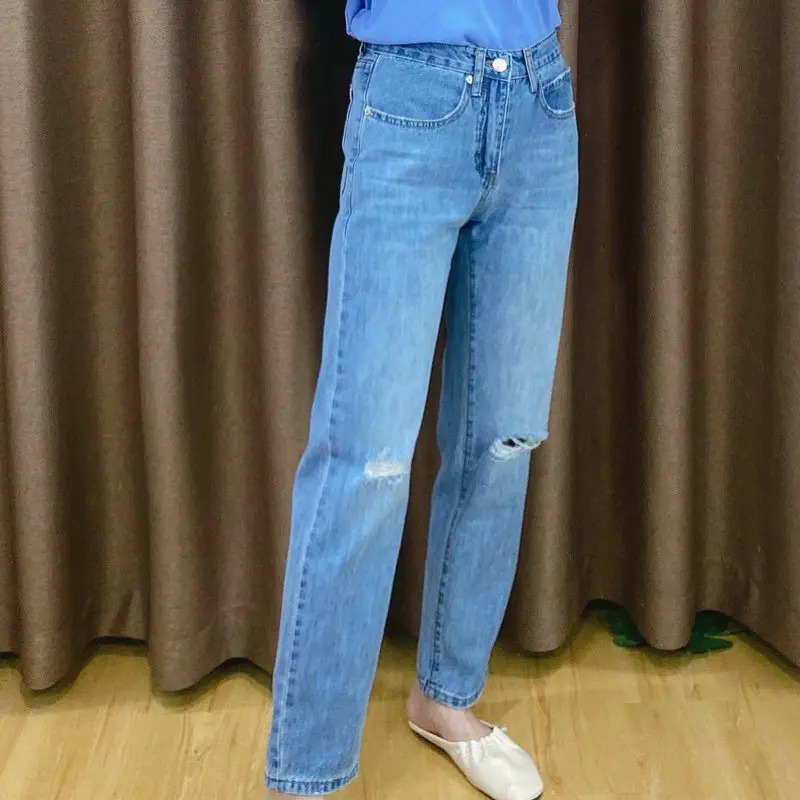

Spring Autumn Summer Women Casual Blue Denim Pant Broken Hole On Knee Design Zipper Fly Waist Jeans Pencil Trouser XS S M L
