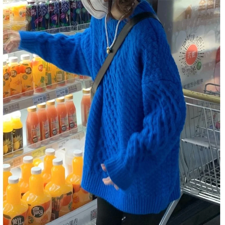 

Синий свитер Klein, зимний свободный свитер средней длины с завязками, Топ с длинным рукавом C1547