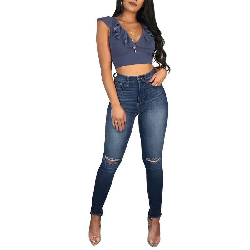 

Women Ripped Pants Diem Smooth Zipper High Waist Hip Lift Design Sexy Skinny Style Spring Autumn Clothing Hole Long Pencil Pants