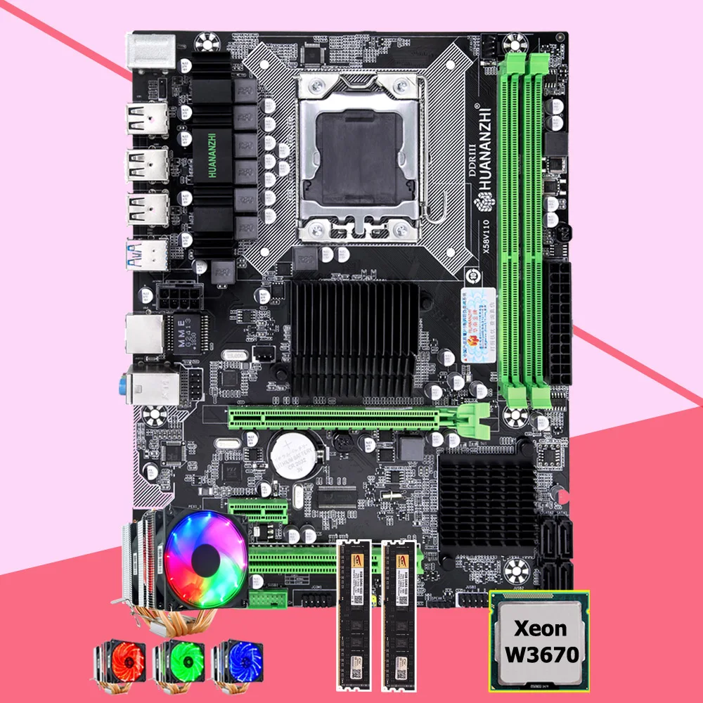 HUANANZHI X58 Pro Материнская плата комбинированная скидка материнская плата с ЦП Intel Xeon W3670 3,46 GHz 6 тепловых труб кулер памяти 16G(2*8G