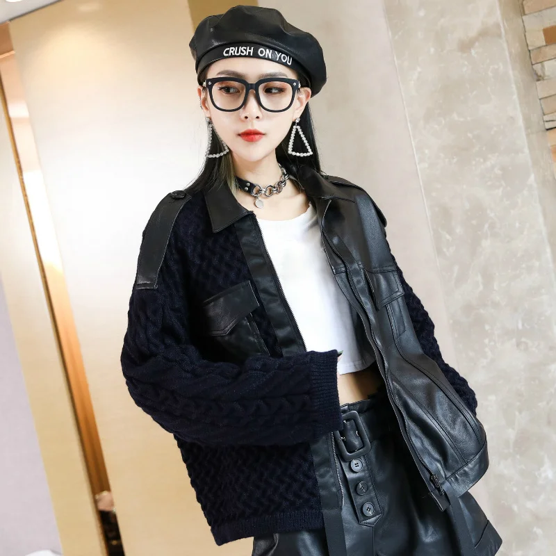 

Genuine Korean leather jacket hood knitted with zipper