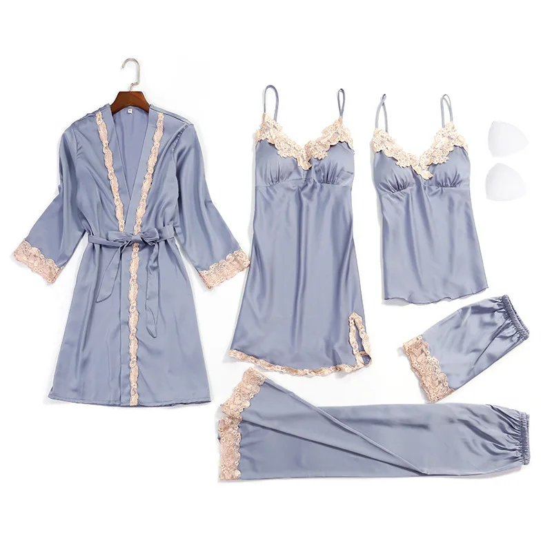 

5PCS Satin Sleepwear Sexy Intimate Lingerie with Chest Pads Lady Pajamas Suit Nighty&Robe Suit Casual Homewear Nightgown