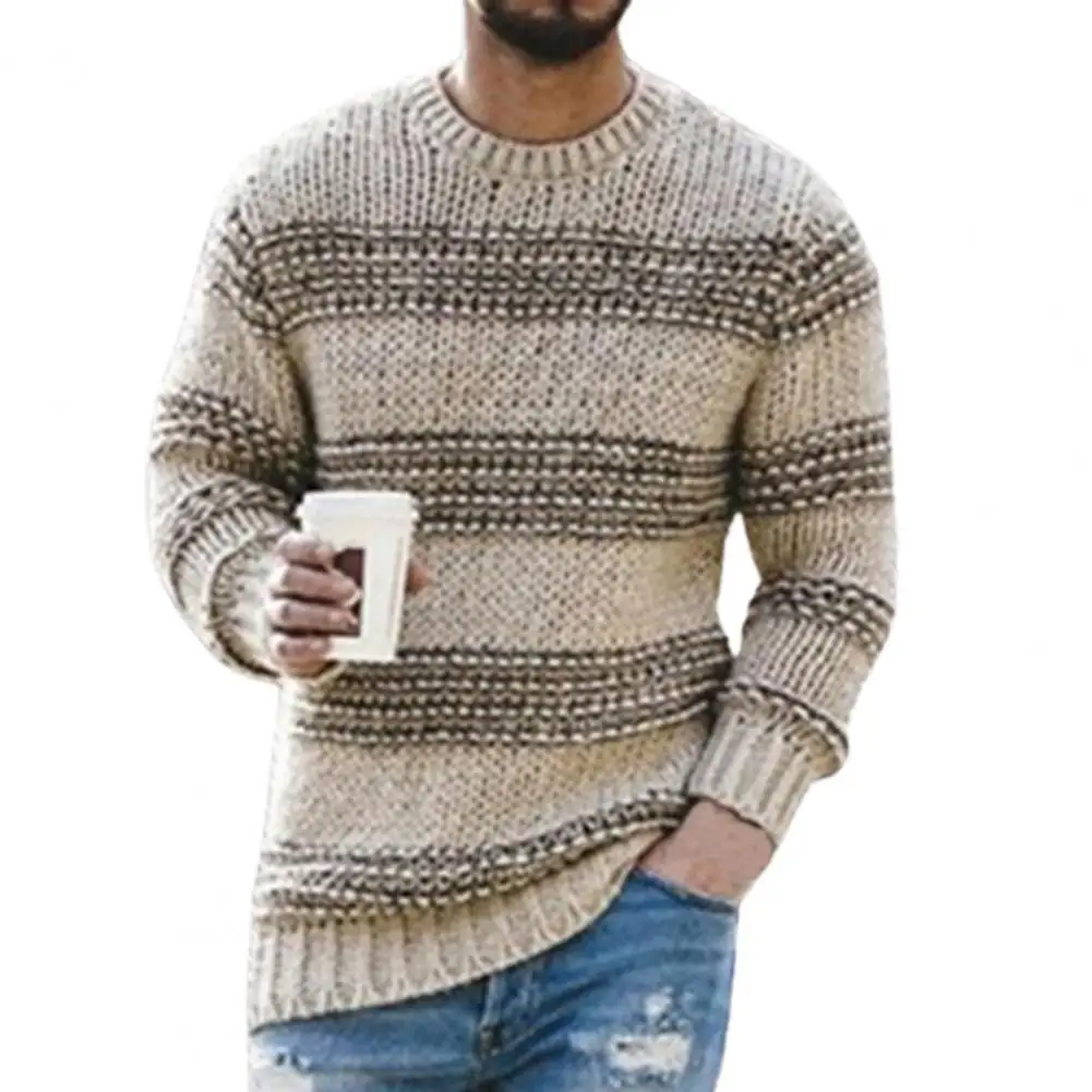 

40% Dropshipping!!2021 Fashion Men's Long Sleeve Sweater Striped Print Casual O-Neck Stretch Knit Pullover Top for Daily Wear