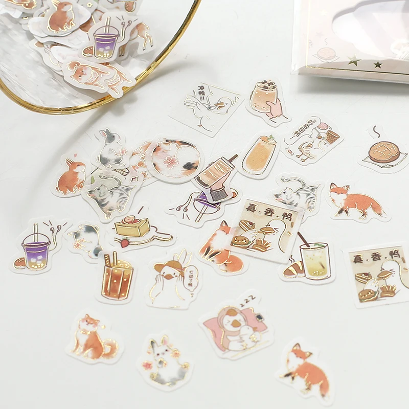Cute Animal cat Eating and Drinking Series Bullet Journal Decorative Stickers Scrapbooking Stick Label Diary Stationery Album | Канцтовары