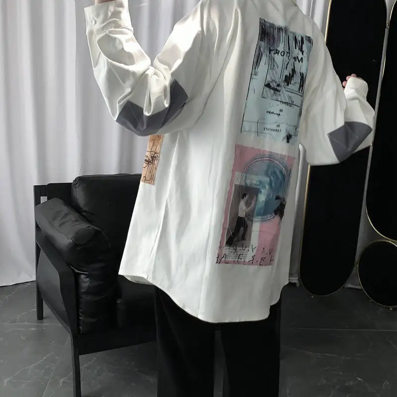 

Spring Patchwork Cotton Shirts Men Casual Hip Hop Shirt Streetwear Long Sleeve Casual Slim Fit Shirts Fashion High Street Tops