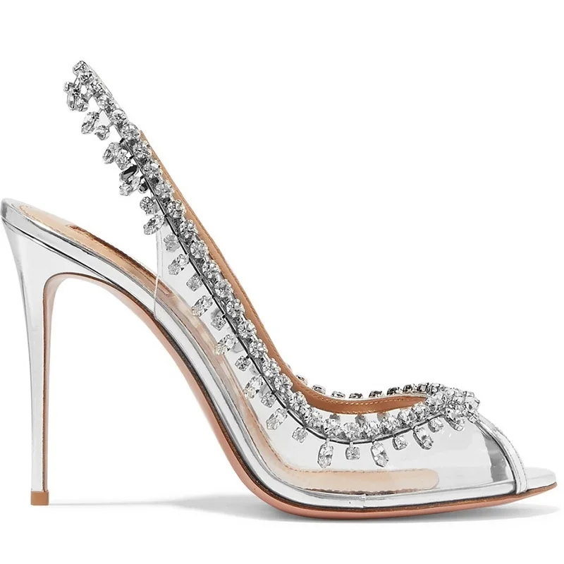 Spring stiletto banquet dress shoes female rhinestone chain fish mouth transparent sexy bridal wedding shoes large size sandals