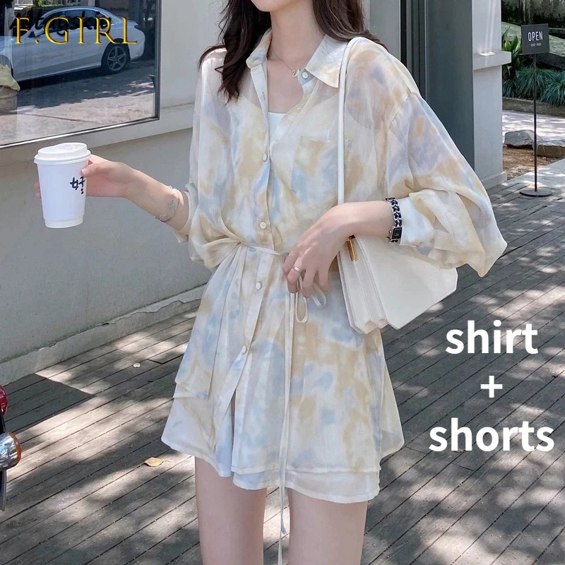 

2 Pieces Sets Women Outfits Summer Sun-proof Chiffon All-match Tie Dye Loose Casual Shorts Street Ulzzang Fashion College Daily