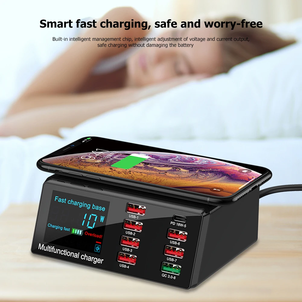x9 100w 8 port usb charger hub pd quick charge 3 0 adapter led digital display desktop charging station wireless charger free global shipping