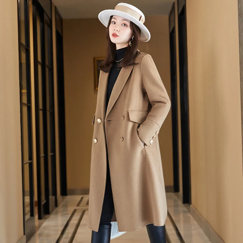 

2021 autumn and winter temperament commuter waistless Korean wool medium and long Lapel solid color slim woolen overcoat women