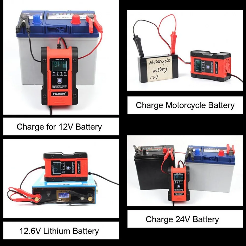 FOXSUR 12V 24V 6A автоматическое зарядное устройство для автомобильных аккумуляторов с пульсирующим ремонтом на 7 стадий для GEL, WET, AGM, 12.6V литий-железо-фосфатных, литий-полимерных аккумуляторов.
