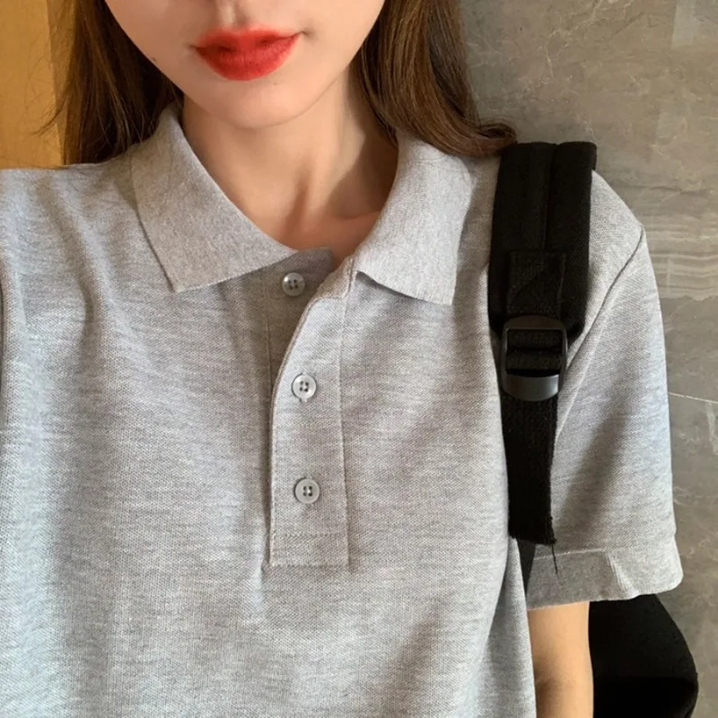 

Женские повседневные летние футболки, универсальные корейские свободные однотонные топы с отложным воротником и коротким рукавом, простые...