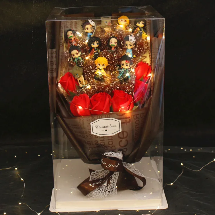 

Anime Figure Demon Slayer Bouquet Cartoon Doll Toys Toilet Soap Flowers Wedding Party Lover's Christmas Gift Box With Light