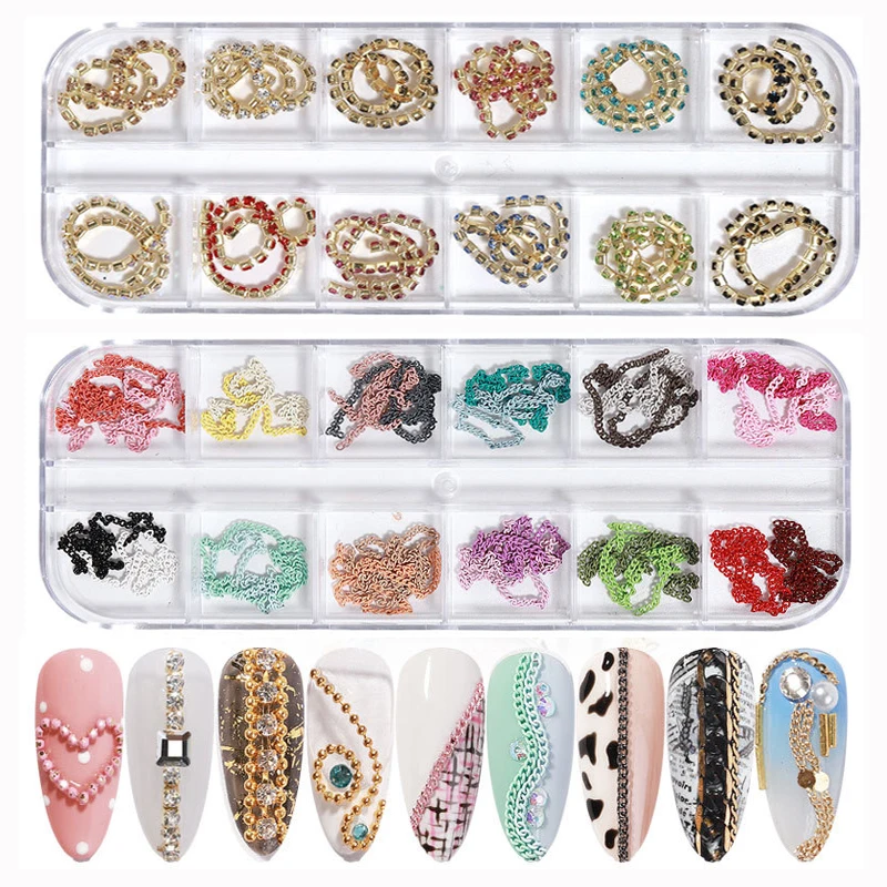 

12 Grids Multi-colored Metal Chain for Nail Art Golden Silver 3D Studs Nail Art Alloy Decorations DIY Nails Chain Jewerly