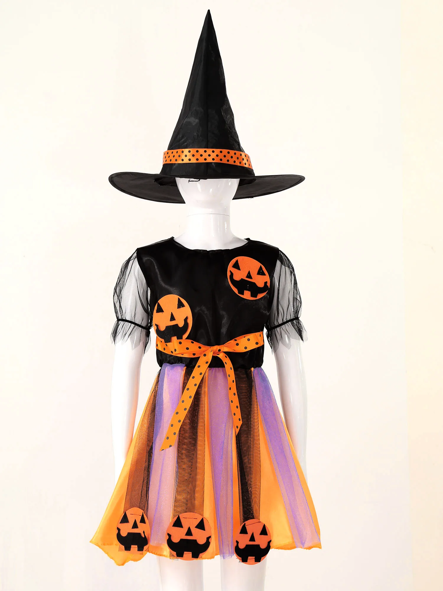 Vestido de Cosplay de bruja de Halloween para ni&ntilde;os y ni&ntilde;as, traje de juego de rol con aplicaci&oacute;n de calabaza, malla con varita m&aacute;gica y sombreros, color negro y naranja-2