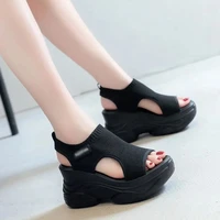 black stretch fabric platform heighten shoes9cm fashion hollow out peep toe wedges gladiator sandals retro casual women shoes