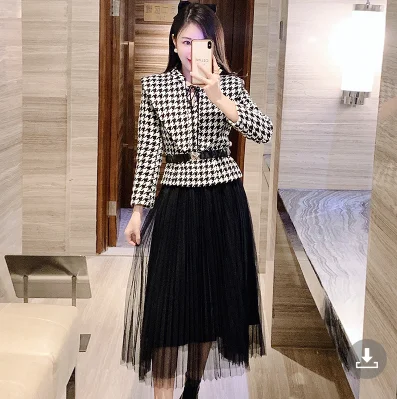 

Women Autumn Winter Office Suit Vintage Houndstooth Woolen Stand Collar Top+High Waist Mesh A Line Skirt Two Piece Set