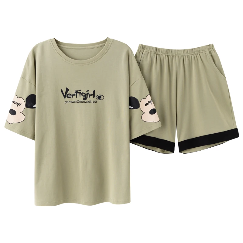 

Women Summer Casual Pajamas Set Fashion Cool Light Green O-Neck Short Sleeve Women's T-shirts Funny Cartoon Cute Girls