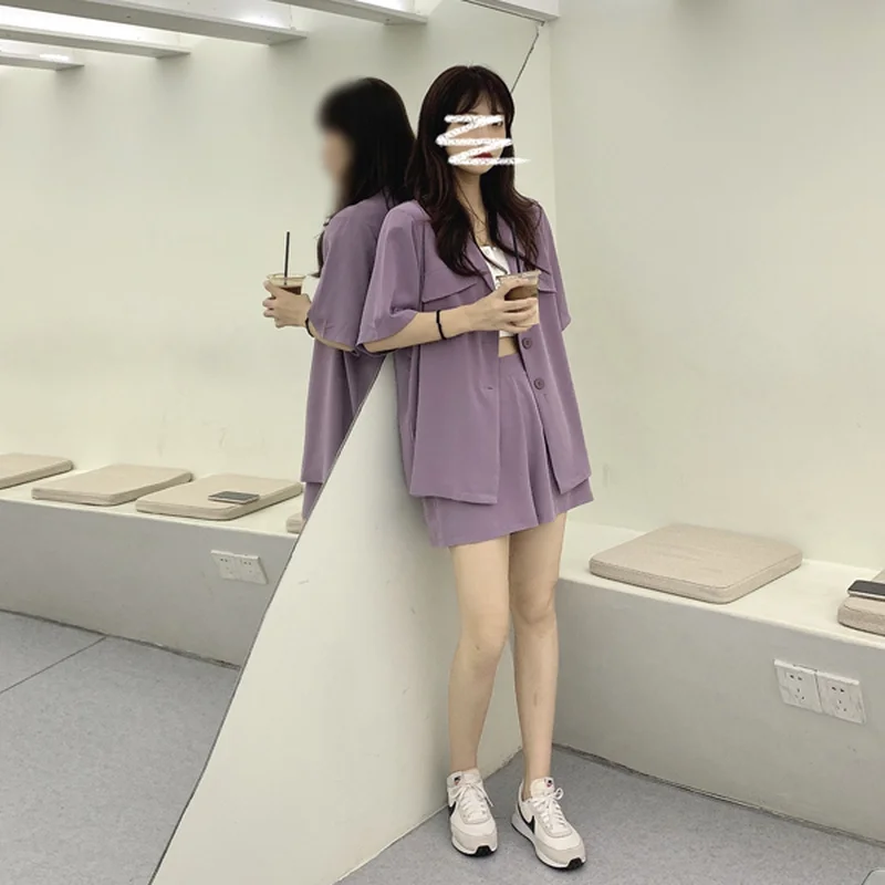 

Women's Casual Matching Sets Solid Notched Collar Single Breasted Short Sleeves Loose Blazer High Waist Suit Short Pant 2021