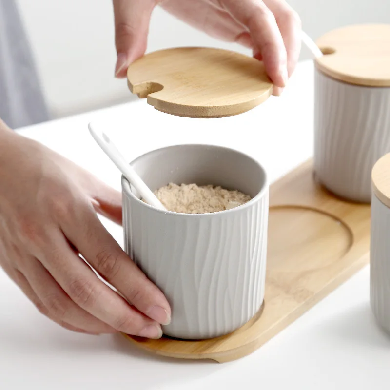 3 in 1 Nordic Ceramic Seasoning Jar Set 300ML Box Pepper Salt Can Condiments Container With Spoon Kitchen Storage Rack | Дом и сад