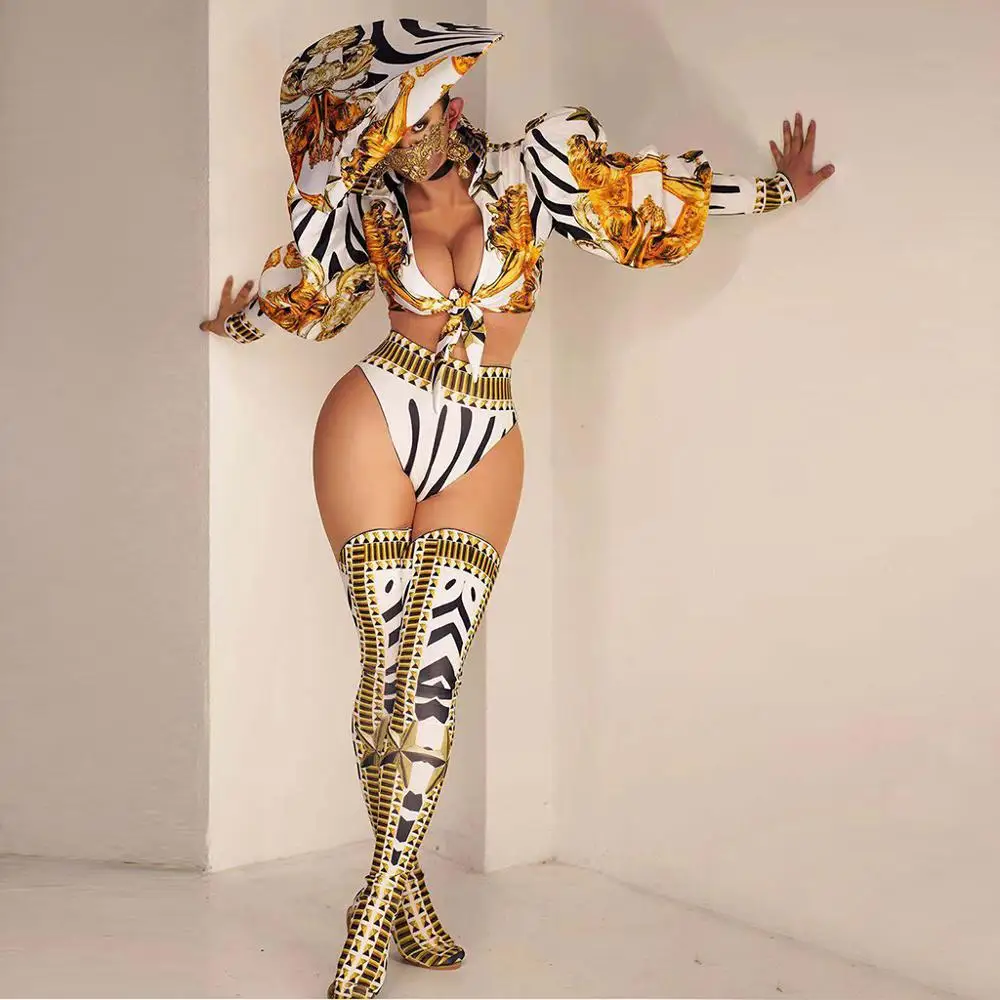 

Fashion Pattern Shirt Short Cap Legging Outfit Prom Club Cosplay Bar DS Show Wear Women Jazz Dancer Singer Outfit Set