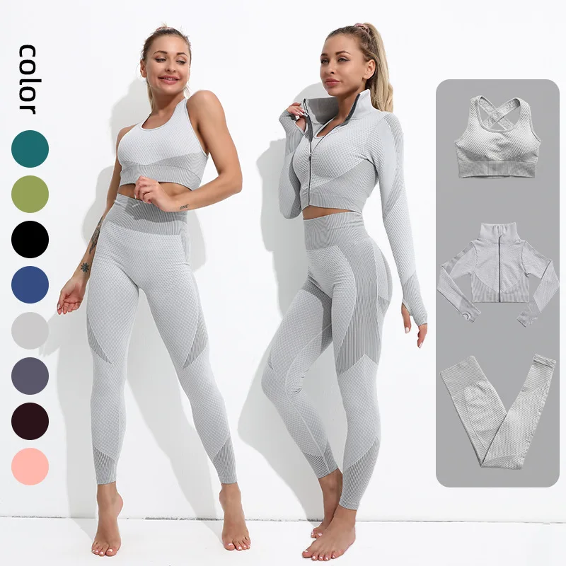 

Seamless Yoga Sets Fitness Sport Suit Long Sleeve Zipper Workout Clothes Women Gym High Waist Leggings Sportwear Athleticwear