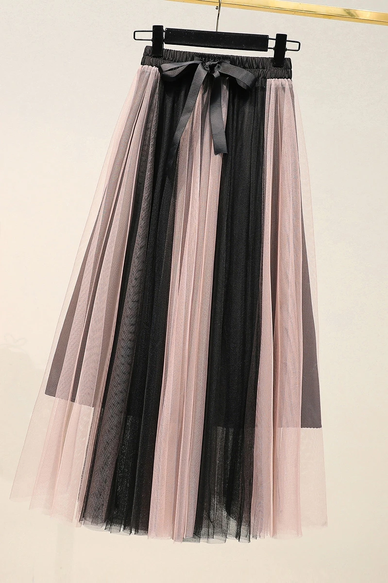 

2021 Spring Summer Vintage Block Color Skirt Women Elastic High Waist Mesh Skirts Long Pleated Tutu Skirt Female Jupe Longue