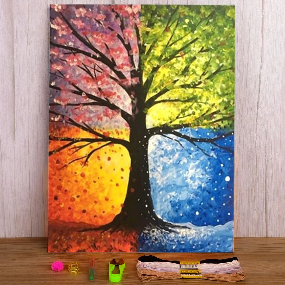

Landscape Tree Printed Water-Soluble Canvas 11CT Cross-Stitch Embroidery Set DMC Threads Handicraft Painting Knitting Design