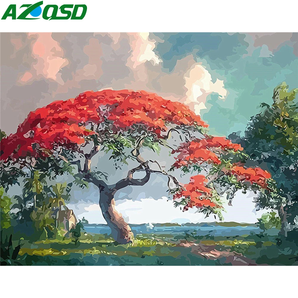 

AZQSD DIY Painting By Numbers Landscape Drawing On Canvas Handpainted Gift Unframe Coloring By Numbers Tree Decor For Home
