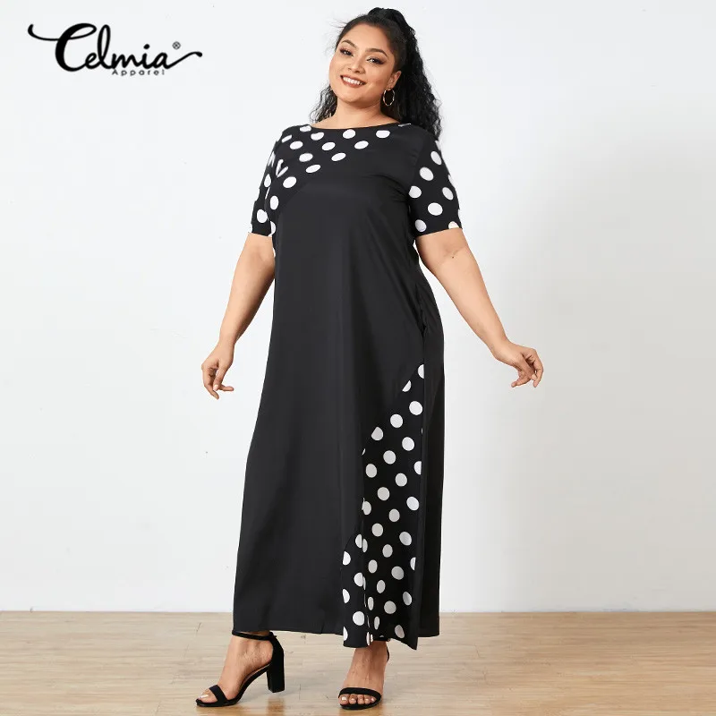 

Casual Loose Party Vestido 2021 Women Polka Dot Maxi Dress Celmia Summer Bohemian Short Sleeve Patchwork Sundress Robe Plus Size