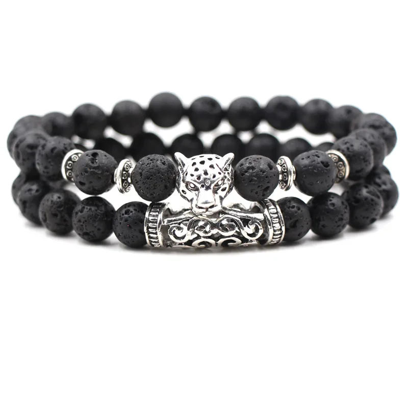 Женский браслет с бусинами из натурального камня черный вулканического головой