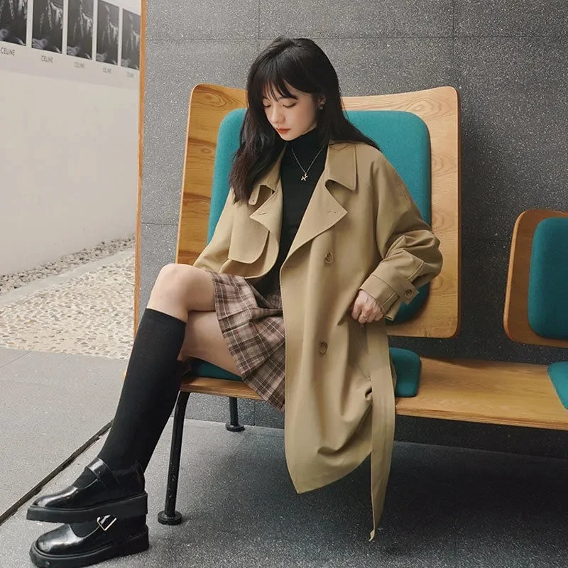

Khaki Windbreaker wWomen Mid-length Coat 2021 Female Spring Autumn New Korean Loose Casual Popular Jacket Solid Color PocketA483