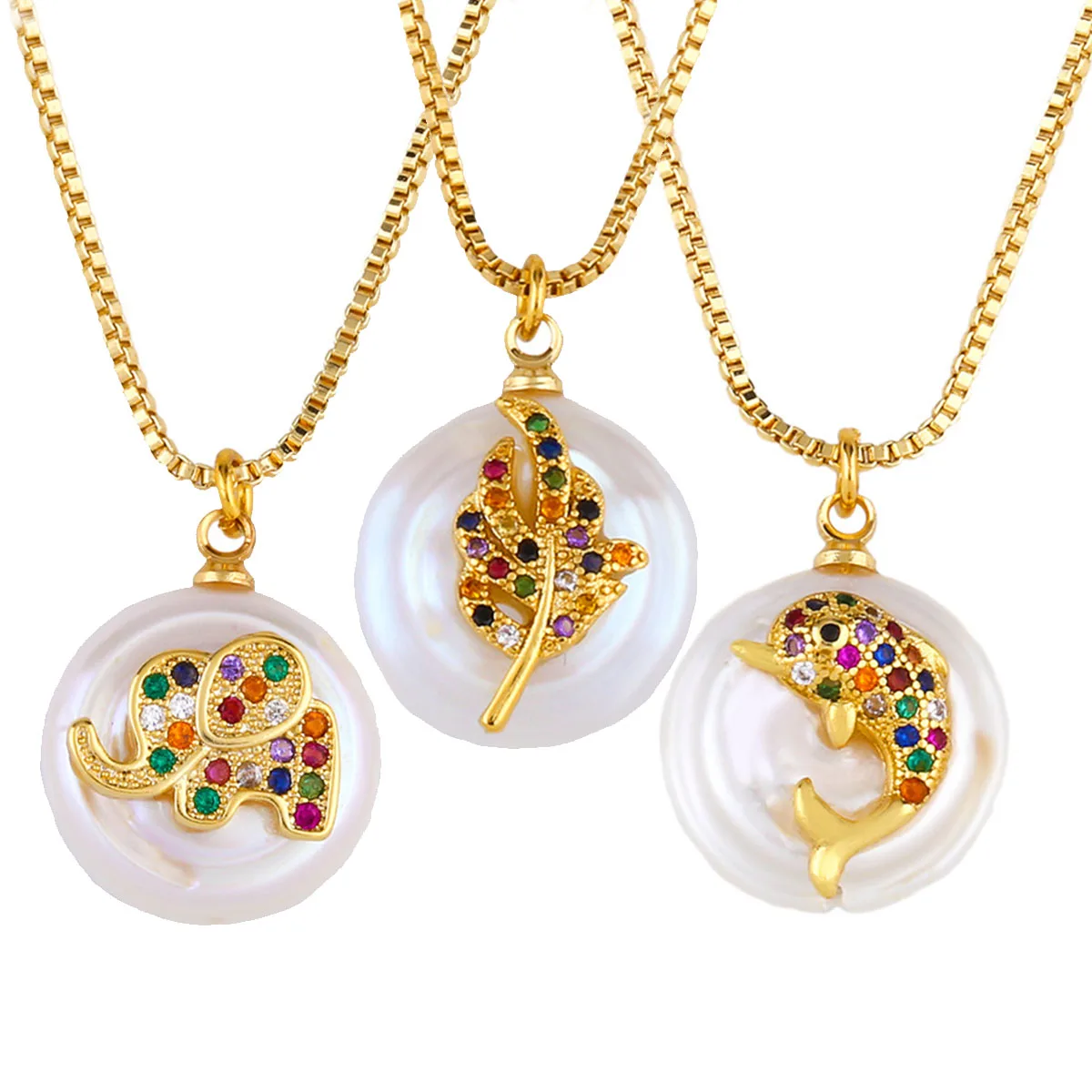 

Baroque Round Pearl Ocean Life Dolphin & Animal Elephant ＆ Leaf Pattern Colorful Zircon Necklace For Women Rainbow Jewelry Gift