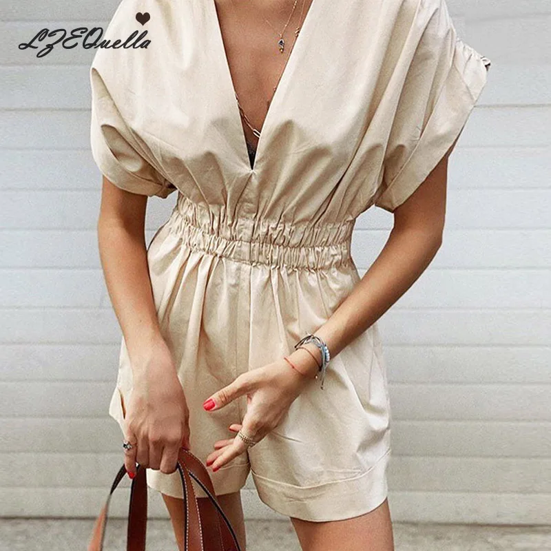 LZEQuella Elegant V Neck Short Sleeve High Waist Jumpsuit Solid 2021 New Office Lady Female Playsuits Romper Summer Bodysuits