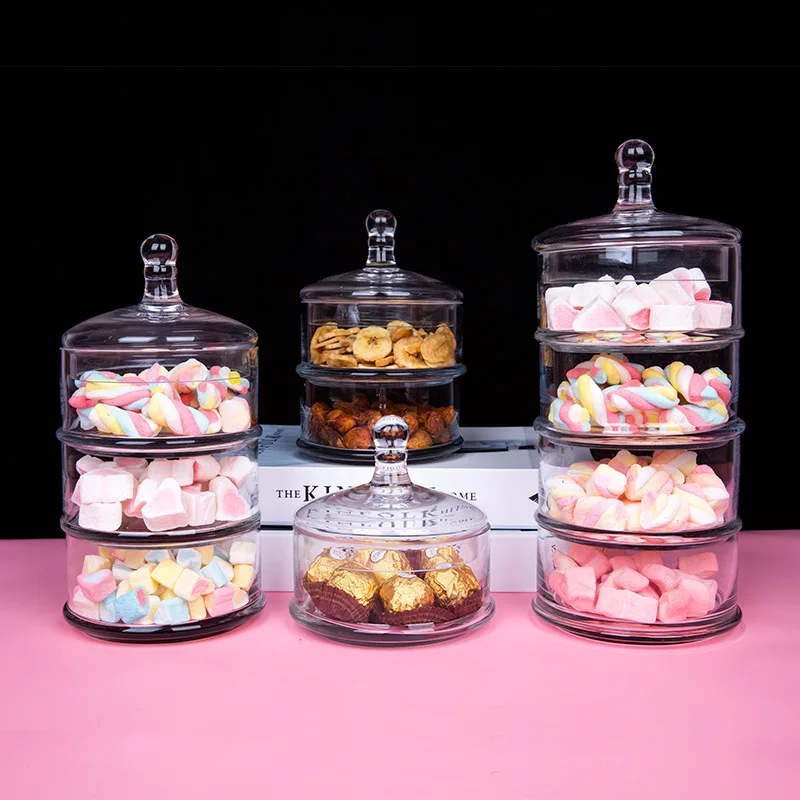 

Crystal Candy Jar Transparent Glass with Lid Four Floors Food Storage Tank Home Use Desktop Multi-layer Decoration Glass Jar