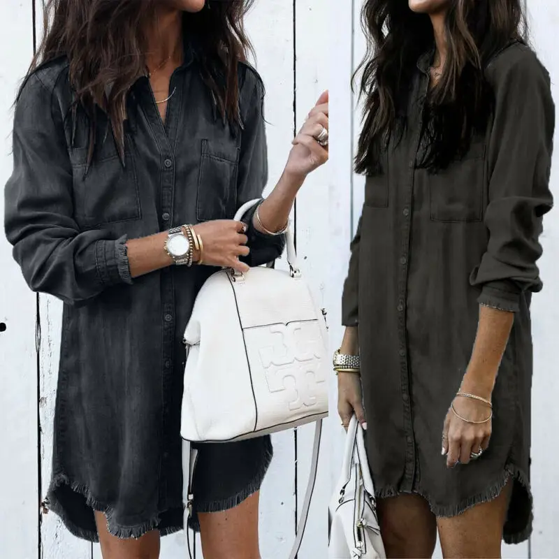 Женская летняя рубашка с длинными рукавами Повседневная джинсовая бахромой в