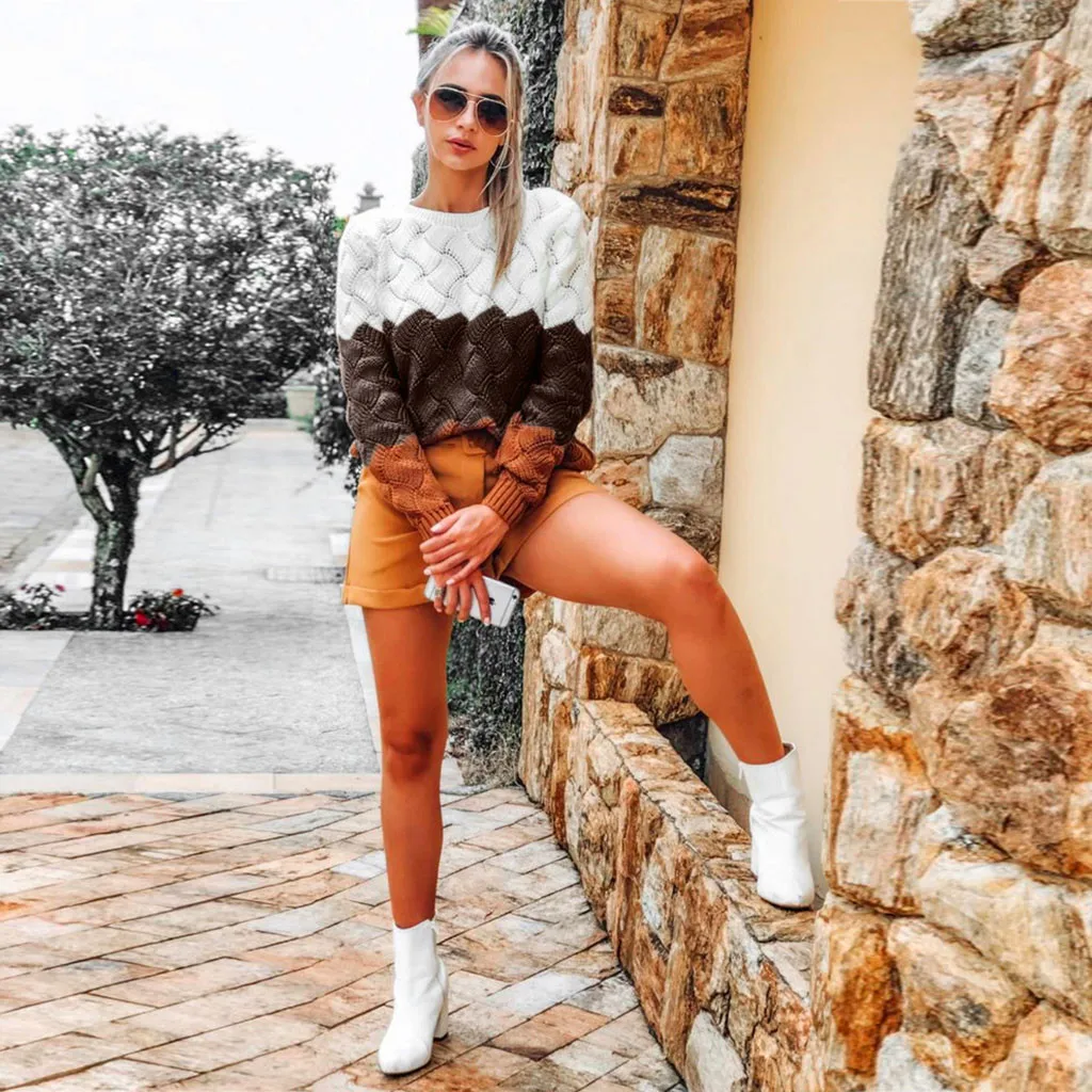 Женский трикотажный свитер с длинным рукавом круглым вырезом | Женская одежда