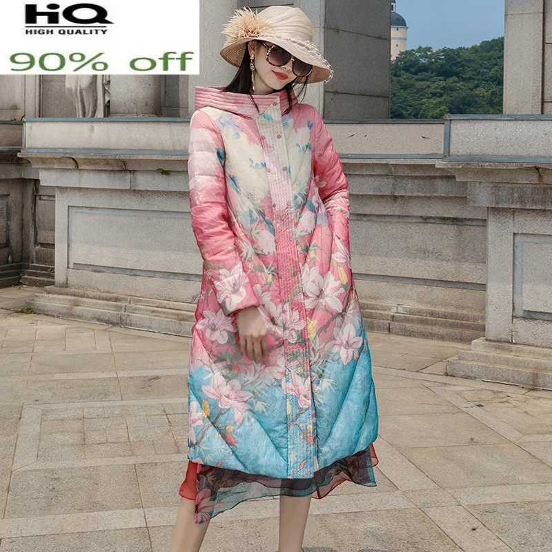 Женский длинный пуховик с капюшоном плотный теплый цветочным принтом Корейская