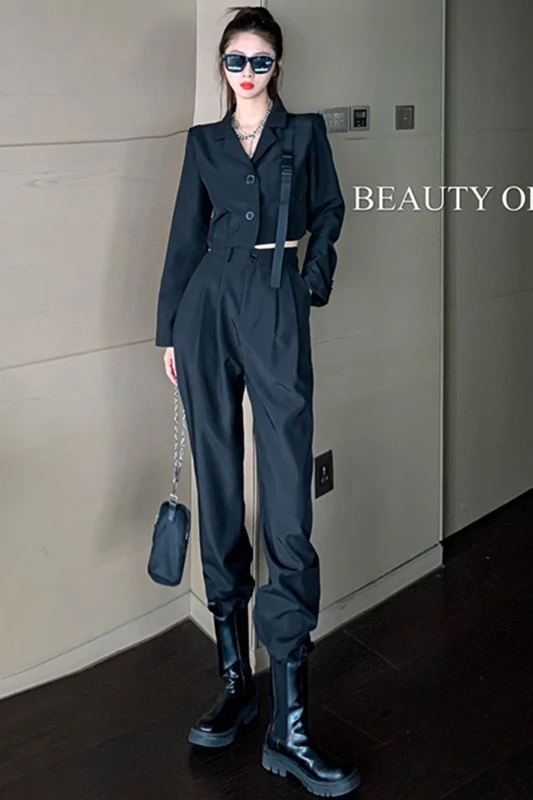 

Autumn 2020 New Fashion Hong Kong Style Short Suit Coat + High Waist Straight Tube Wide Leg Casual Personalized Trousers For Wom