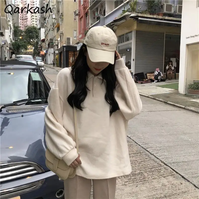 

Свитшоты женские свободные Весенние однотонные простые студенческие универсальные повседневные с отложным воротником